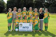 28 August 2011; INTO President Noreen Flynn with the Donegal team, back row, left to right, Amy Ní Chuinn, St. Fiachra S.N.S., Beaumont, Co. Dublin, Chantelle Lynam, St. Brigid's N.S., Ballynacargy, Co. Westmeath, Katie Bellew, Scoil Naomh Eoin, Navan, Co. Meath, Kate Keenan, St. Mary's N.S., Knockbridge, Co. Louth, Dara Morahan, St. Patrick's N.S., Drumshanbo, Co. Leitrim, front row, left to right, Leah Grimes, St. Joseph's N.S., Dundalk, Co. Louth, Chloe Duffy, Tang N.S., Ballymahon, Co. Longford, Caitlín Kelly, St. Mary's P.S., Killyclogher, Co. Tyrone, Cara Doherty, St. Colmcille's P.S., Claudy, Co. Derry, Eadaoin Nig Uidhir, Gaelscoil Ultain, Co. Monaghan. Go Games Exhibition - Sunday 21st August 2011, Clonliffe College, Dublin. Picture credit: Ray McManus / SPORTSFILE