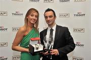 12 November 2011; Andrea Buckley of TISSOT, with Neil Doyle, winner of the TISSOT PFAI referee of the year, at the TISSOT PFAI Player of the Year Awards 2011. Burlington Hotel, Dublin. Picture credit: David Maher / SPORTSFILE