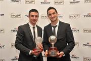 12 November 2011; Enda Stevens, left, Shamrock Rovers, winner of the TISSOT PFAI, young player of the year, and Eamon Zayed, Derry City, winner of the TISSOT PFAI, player of the year, at the TISSOT PFAI Player of the Year Awards 2011. Burlington Hotel, Dublin. Picture credit: David Maher / SPORTSFILE