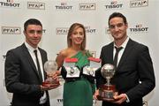 12 November 2011; Andrea Buckley of TISSOT, with Enda Stevens, left, Shamrock Rovers, winner of the TISSOT PFAI, young player of the year, and Eamon Zayed, Derry City, winner of the TISSOT PFAI, player of the year, at the TISSOT PFAI Player of the Year Awards 2011. Burlington Hotel, Dublin. Picture credit: David Maher / SPORTSFILE