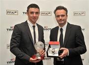12 November 2011; Justin Thompson, right, Country Manager of The Swatch Group Ireland, with Enda Stevens, winner of the TISSOT PFAI Young Player of the Year, at the TISSOT PFAI Player of the Year Awards 2011. Burlington Hotel, Dublin. Picture credit: David Maher / SPORTSFILE