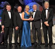 12 November 2011; Deirdre O'Reilly, Cork, is presented with her All-Star award by John Treacy, Chief Executive of the Irish Sports Council, in the company of, from left, Pol O Gallchoir, Ceannsai, TG4, Pat Quill, President, Ladies Gaelic Football Association, and Tony Towell, Managing Director, O'Neill's, at the O'Neills TG4 Ladies Football All-Star Awards 2011. Citywest Hotel, Saggart, Co. Dublin. Picture credit: Brendan Moran / SPORTSFILE