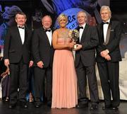 12 November 2011; Brid Stack, Cork, is presented with her All-Star award by John Treacy, Chief Executive of the Irish Sports Council, in the company of, from left, Pol O Gallchoir, Ceannsai, TG4, Pat Quill, President, Ladies Gaelic Football Association, and Tony Towell, Managing Director, O'Neill's, at the O'Neills TG4 Ladies Football All-Star Awards 2011. Citywest Hotel, Saggart, Co. Dublin. Picture credit: Brendan Moran / SPORTSFILE