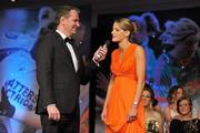 12 November 2011; Senior Players' Player of the Year Juliet Murphy, Cork, is interviewed by MC Daithí O Sé at the O'Neills TG4 Ladies Football All-Star Awards 2011. Citywest Hotel, Saggart, Co. Dublin. Picture credit: Brendan Moran / SPORTSFILE