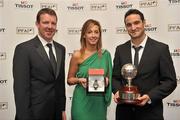 12 November 2011; Andrea Buckley of TISSOT, with Eamon Zayed, right, Derry City, winner of the TISSOT PFAI Player of the Year, and Alan Kelly, Republic of Ireland goalkeeping coach at the TISSOT PFAI Player of the Year Awards 2011. Burlington Hotel, Dublin. Picture credit: David Maher / SPORTSFILE