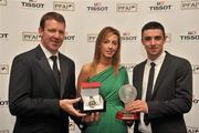 12 November 2011; Andrea Buckley of TISSOT, with Enda Stevens, right, Shamrock Rovers, winner of the TISSOT PFAI Young Player of the Year Award, and Alan Kelly, Republic of Ireland goalkeeping coach at the TISSOT PFAI Player of the Year Awards 2011. Burlington Hotel, Dublin. Picture credit: David Maher / SPORTSFILE