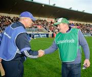 13 November 2011; Coolderry, Offaly, chairman Colman Hogan wishes best of luck to his brother Liam Hogan, manager of Ballyboden St Enda's, Dublin, before the game. AIB Leinster GAA Hurling Senior Club Championship Semi-Final, Ballyboden St Enda's, Dublin v Coolderry, Offaly, Parnell Park, Dublin. Picture credit: Ray McManus / SPORTSFILE