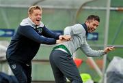 14 November 2011; Republic of Ireland captain Robbie Keane, right, and Damien Duff during squad training ahead of their UEFA EURO2012 Qualifying Play-off 2nd leg match against Estonia on Tuesday. Republic of Ireland Squad Training, Gannon Park, Malahide, Dublin. Picture credit: David Maher / SPORTSFILE