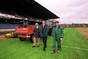 20 May 2002; IRFU Consultant Agronomist Eddie Connaughton BSc, left, IRFU Chief Executive Philip Browne, centre, and Head Groundsman Majella Smyth during the resurfacing of the Lansdowne Road pitch. Photo by Ray McManus/Sportsfile