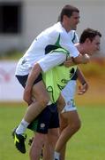 22 May 2002; Republic of Ireland captain Roy Keane, left, and team-mate Andy O'Brien during a Republic of Ireland squad training session at Ada Gym in Susupe, Saipan, Northern Mariana Islands. Photo by David Maher/Sportsfile
