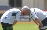 22 May 2002; Republic of Ireland captain Roy Keane, left, and physio Mick Byrne during a Republic of Ireland squad training session at Ada Gym in Susupe, Saipan, Northern Mariana Islands. Photo by David Maher/Sportsfile