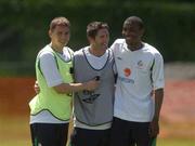 22 May 2002; Republic of Ireland players, from left, Matt Holland, Robbie Keane and Clinton Morrison during a Republic of Ireland squad training session at Ada Gym in Susupe, Saipan, Northern Mariana Islands. Photo by David Maher/Sportsfile