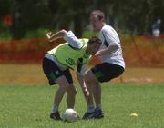 22 May 2002; Robbie Keane and Richard Dunne during a Republic of Ireland squad training session at Ada Gym in Susupe, Saipan, Northern Mariana Islands. Photo by David Maher/Sportsfile