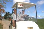 22 May 2002; Niall Quinn of Republic of Ireland and physio make their way to the 1st tee during a round of golf at the Coral Beach Resort Gofl Club in Saipan, Northern Mariana Islands. Photo by David Maher/Sportsfile