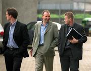 22 May 2002; Chairman of the Gaelic Players Association, Dessie Farrell, right, along with Donal O'Neill, left, Chief Administrator of the GPA, and Executive member Glenn Ryan, arriving at Croke Park in Dublin for a meeting with the Gaelic Athletic Association. Photo by Brendan Moran/Sportsfile
