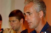 23 May 2002; Republic of Ireland manager Mick McCarthy during a press conference to announce the departure from the squad of captain Roy Keane, at The Hyatt Hotel in Mutcho, Saipan, Northern Mariana Islands. Photo by David Maher/Sportsfile