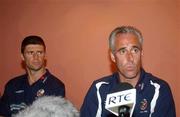 23 May 2002; Republic of Ireland manager Mick McCarthy, right, and Niall Quinn, left, during a press conference to announce the departure from the squad of captain Roy Keane, at The Hyatt Hotel in Mutcho, Saipan, Northern Mariana Islands. Photo by David Maher/Sportsfile