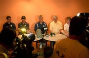 23 May 2002; Republic of Ireland manager Mick McCarthy, centre, alongside players Alan Kelly, left, Niall Quinn, FAI President Milo Corcoran and Steve Staunton during a press conference to announce the departure from the squad of captain Roy Keane, at The Hyatt Hotel in Mutcho, Saipan, Northern Mariana Islands. Photo by David Maher/Sportsfile