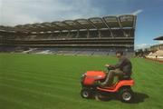 24 May 2002; Contractor Fergus Finneran, cutts the Croke Park grass for the first time since it's reseeding earlier in the month. Photo by Damien Eagers/Sportsfile