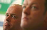24 May 2002; Munster Rugby head coach Declan Kidney, left, and captain Mick Galwey during a press conference at the Millennium Stadium in Cardiff, Wales, ahead of the Heineken Cup Final on 25 May 2002. Photo by Brendan Moran/Sportsfile