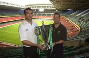 24 May 2002; Leicester Tigers captain Martin Johnson, left, and Munster Rugby captain Mick Galwey with the Heineken Cup trophy at the Millennium Stadium in Cardiff, Wales, following a press conference ahead of the final on 25 May 2002. Photo by Brendan Moran/Sportsfile