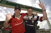 24 May 2002; Munster supporters Sean Buckley, left, and Paul Neville, both from Cork, outside the Millennium Stadium in Cardiff, Wales, ahead of the Heineken Cup Final match between Leicester Tigers and Munster on 25 May 2002. Photo by Brendan Moran/Sportsfile