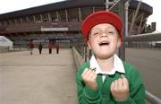 24 May 2002; Five year old Munster supporter Conor Gillen, from Galway, outside the Millennium Stadium in Cardiff, Wales, ahead of the Heineken Cup Final match between Leicester Tigers and Munster on 25 May 2002. Photo by Brendan Moran/Sportsfile