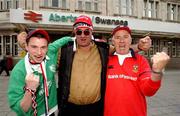 24 May 2002; Munster supporters, staying in Swansea, from left, James Fitzgerald Jnr, Michael O'Mahony, and James Fitzgerald, all from Cork, ahead of the Heineken Cup Final match between Leicester Tigers and Munster on 25 May 2002. Photo by Brendan Moran/Sportsfile