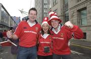 25 May 2002; Munster supporters, from left, Kevin Lucey and Eileen O'Connor, both from Tralee, Kerry, with Joe Walsh, right, from Bantry, Cork, prior to the Heineken Cup Final match between Leicester Tigers and Munster at the Millennium Stadium in Cardiff, Wales. Photo by Brendan Moran/Sportsfile
