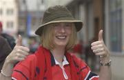 25 May 2002; Munster supporter Geraldine Burke, from Dublin, gives the thumbs as she arrives prior to the Heineken Cup Final match between Leicester Tigers and Munster at the Millennium Stadium in Cardiff, Wales. Photo by Brendan Moran/Sportsfile