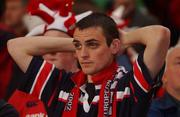 25 May 2002; A Munster supporter following his side's defeat during the Heineken Cup Final match between Leicester Tigers and Munster at the Millennium Stadium in Cardiff, Wales. Photo by Matt Browne/Sportsfile