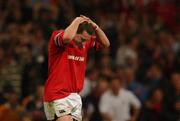 25 May 2002; Jason Holland of Munster at the final whistle following his side's defeat during the Heineken Cup Final match between Leicester Tigers and Munster at the Millennium Stadium in Cardiff, Wales. Photo by Brendan Moran/Sportsfile
