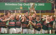 25 May 2002; Leicester players celebrate following their side's victory during the Heineken Cup Final match between Leicester Tigers and Munster at the Millennium Stadium in Cardiff, Wales. Photo by Matt Browne/Sportsfile
