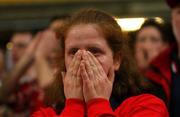 25 May 2002; A Munster supporter following her side's defeat during the Heineken Cup Final match between Leicester Tigers and Munster at the Millennium Stadium in Cardiff, Wales. Photo by Matt Browne/Sportsfile