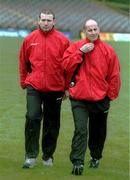26 May 2002; Down footballer Ross Carr, left, pictured with a Down official as they inspect the pitch conditions prior to the abandonment of the Bank of Ireland Ulster Senior Football Championship Quarter-Final match between Donegal and Down at MacCumhail Park in Ballybofey, Donegal. Photo by Damien Eagers/Sportsfile