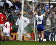 26 May 2002; Waterford's Eoin McGrath, right, celebrates his side's goal, scored by team-mate Tony Browne, during the Guinness Munster Senior Hurling Championship Semi-Final match between Waterford and Cork at Semple Stadium in Thurles, Tipperary. Photo by Brendan Moran/Sportsfile