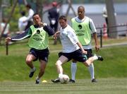 27 May 2002; Robbie Keane, centre, with team-mates Gary Kelly, left, and Steven Reid during a Republic of Ireland squad training session at Izumo Sports Park in Izumo, Japan. Photo by David Maher/Sportsfile