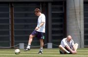 27 May 2002; Steve Finnan, left, and Lee Carsley during a Republic of Ireland squad training session at Izumo Sports Park in Izumo, Japan. Photo by David Maher/Sportsfile