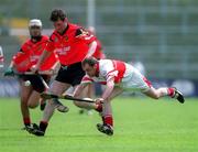 25 May 2002; Colin McEldowney of Derry in action against Michael Braniff of Down during the Guinness Ulster Senior Hurling Championship Semi-Final match between Down and Derry at Casement Park in Belfast. Photo by Damien Eagers/Sportsfile