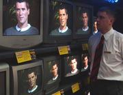 27 May 2002; Televisions on display at DID Electrical in Crumlin, Dublin, shows the RTE broadcast of former Republic of Ireland captain Roy Keane's interview with Tommy Gorman, following his departure from the Republic of Ireland squad ahead of the FIFA World Cup 2002 Finals Japna nd South Korea. Soccer. Photo by Damien Eagers/Sportsfile