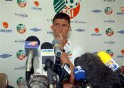 28 May 2002; Niall Quinn answers questions relating to former team captain Roy Keane during a Republic of Ireland press conference at Izumo Sports Park in Izumo, Japan. Photo by David Maher/Sportsfile