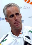 28 May 2002; Republic of Ireland manager Mick McCarthy answers questions relating to former team captain Roy Keane during a Republic of Ireland press conference at Izumo Sports Park in Izumo, Japan. Photo by David Maher/Sportsfile