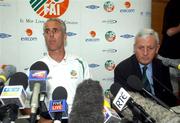 28 May 2002; Republic of Ireland manager Mick McCarthy, left, and FAI Chief Executive Brendan Menton answer questions relating to former team captain Roy Keane during a Republic of Ireland press conference at Izumo Sports Park in Izumo, Japan. Photo by David Maher/Sportsfile
