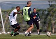 29 May 2002; Gary Kelly, right, in action against team-mate Clinton Morrison during a Republic of Ireland squad training session at Izumo Sports Park in Izumo, Japan. Photo by David Maher/Sportsfile