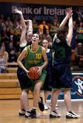 12 February 2002; Susan O'Carrol of Presentation, Listowel, in action against, Ursuline College Sligo's Karen O'Boyle, right, and Edel McGinley during the Bank of Ireland Schools Cup U16 &quot;A&quot; Girls Final match between Ursuline College Sligo and Presentation, Listowel, at the ESB Arena in Tallaght, Dublin. Photo by Brendan Moran/Sportsfile