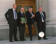 29 May 2002; An Taoiseach Bertie Ahern, T.D., centre right, alongside, from left, Simon Lyons, Marketing Director of Scotland - Ireland UEFA Euro 2008 Bid, Bid Director John Henderson and John Byrne, FAI Development Manager, after signing the Scotland - Ireland UEFA Euro 2008 Bid at Government Buildings in Dublin. Photo by Ray McManus/Sportsfile