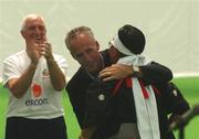 30 May 2002; Republic of Ireland manager Mick McCarthy, along with Mick Byrne, greets the Lord Mayor of Izumo Mr Masahiro Nishio during a farewell ceremony at Izumo Sports Park in Izumo, Japan, ahead of their first FIFA World Cup 2002 Group E match against Cameroon. Photo by David Maher/Sportsfile