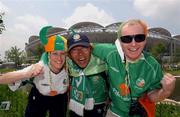 1 June 2002; Republic of Ireland supporters, from left, Fiona McDonnell from Sydney, Australia, Jinaou Yoshida from Izumo, Japan and Martin Doyle from Dublin prior to the FIFA World Cup 2002 Group E match between Republic of Ireland and Cameroon at Big Swan Stadium in Niigata, Japan. Photo by David Maher/Sportsfile