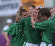 1 June 2002; Matt Holland of Republic of Ireland, centre, celebrates with team-mates after scoring his side's goal during the FIFA World Cup 2002 Group E match between Republic of Ireland and Cameroon at Big Swan Stadium in Niigata, Japan. Photo by David Maher/Sportsfile