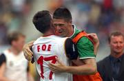1 June 2002; Republic of Ireland's Niall Quinn, right, and Matt Holland celebrate following their side's draw during the FIFA World Cup 2002 Group E match between Republic of Ireland and Cameroon at Big Swan Stadium in Niigata, Japan. Photo by David Maher/Sportsfile